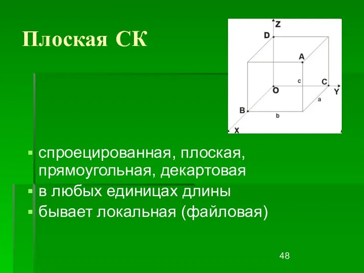 Плоская СК спроецированная, плоская, прямоугольная, декартовая в любых единицах длины бывает локальная (файловая)