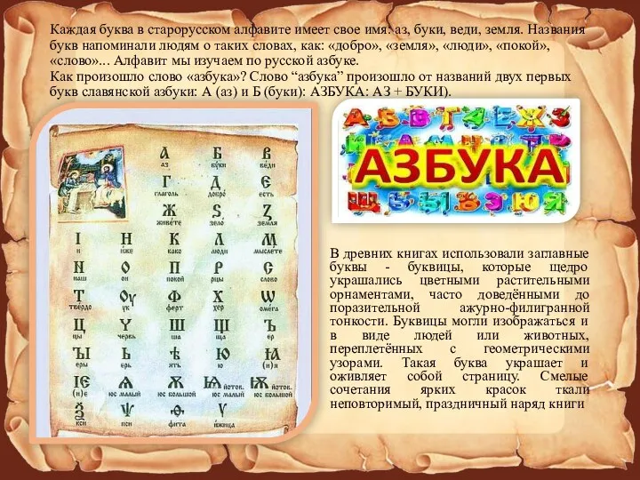 Каждая буква в старорусском алфавите имеет свое имя: аз, буки, веди, земля. Названия