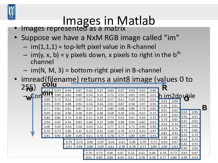 Images in Matlab Images represented as a matrix Suppose we