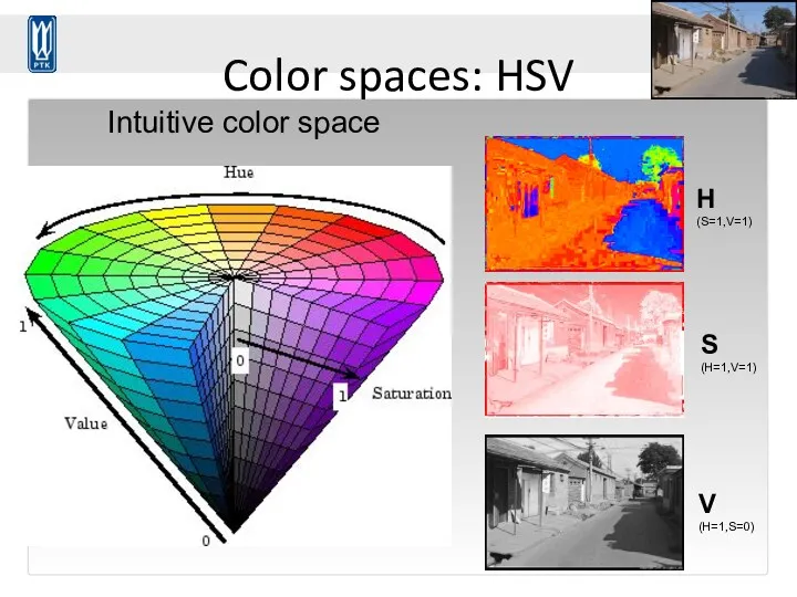 Color spaces: HSV Intuitive color space H (S=1,V=1) S (H=1,V=1) V (H=1,S=0)