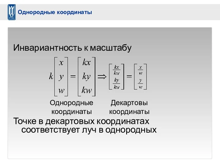 Инвариантность к масштабу Точке в декартовых координатах соответствует луч в