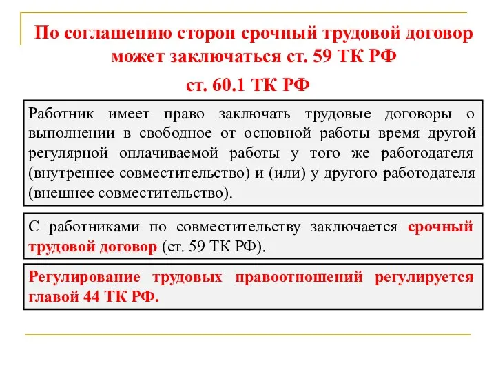 По соглашению сторон срочный трудовой договор может заключаться ст. 59