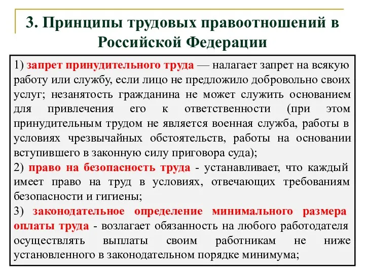 3. Принципы трудовых правоотношений в Российской Федерации 1) запрет принудительного