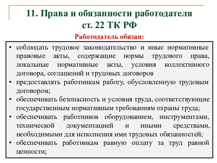 11. Права и обязанности работодателя ст. 22 ТК РФ Работодатель