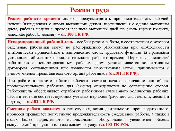 Режим труда Режим рабочего времени должен предусматривать продолжительность рабочей недели