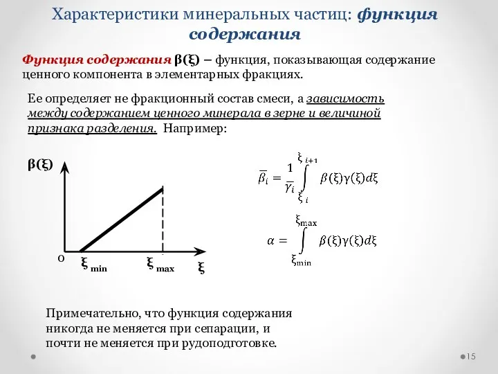 Функция содержания β(ξ) – функция, показывающая содержание ценного компонента в элементарных фракциях. Характеристики