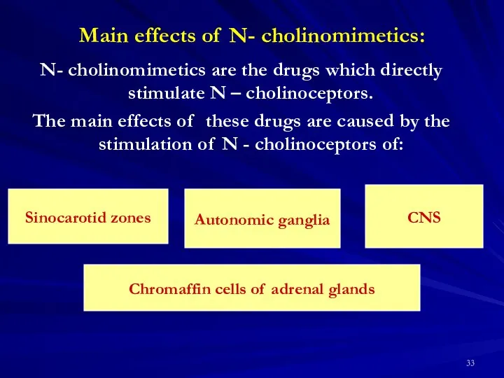 Main effects of N- cholinomimetics: N- cholinomimetics are the drugs