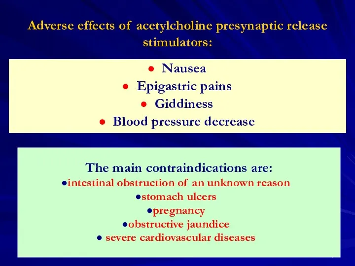 Adverse effects of acetylcholine presynaptic release stimulators: Nausea Epigastric pains