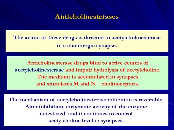 Anticholinesterases The action of these drugs is directed to acetylcholinesterase