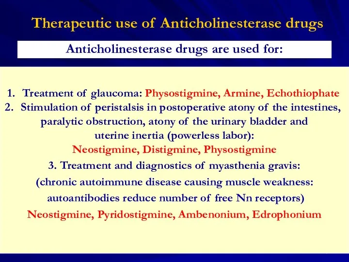 Therapeutic use of Anticholinesterase drugs Anticholinesterase drugs are used for: Treatment of glaucoma: