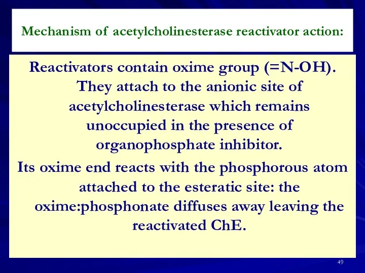 Reactivators contain oxime group (=N-OH). They attach to the anionic site of acetylcholinesterase