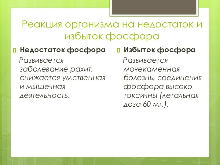 Реакция организма на недостаток и избыток фосфора Недостаток фосфора Развивается