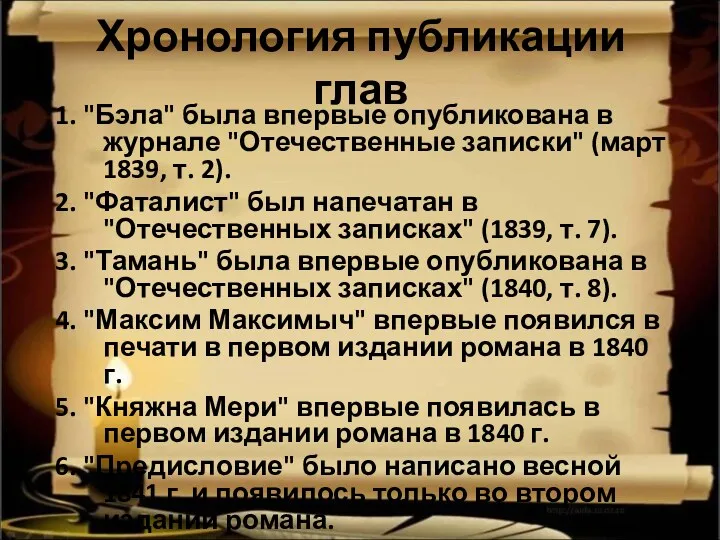 Хронология публикации глав 1. "Бэла" была впервые опубликована в журнале