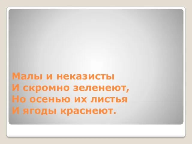 Малы и неказисты И скромно зеленеют, Но осенью их листья И ягоды краснеют.