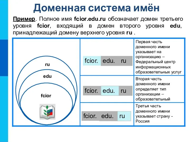Доменная система имён Пример. Полное имя fcior.edu.ru обозначает домен третьего