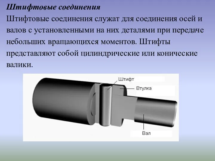 Штифтовые соединения Штифтовые соединения служат для соединения осей и валов