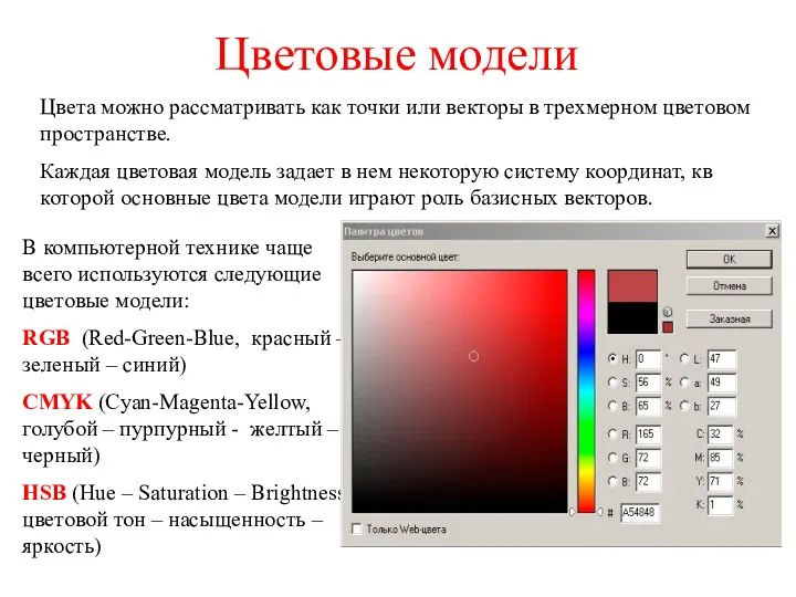 Цветовые модели Цвета можно рассматривать как точки или векторы в