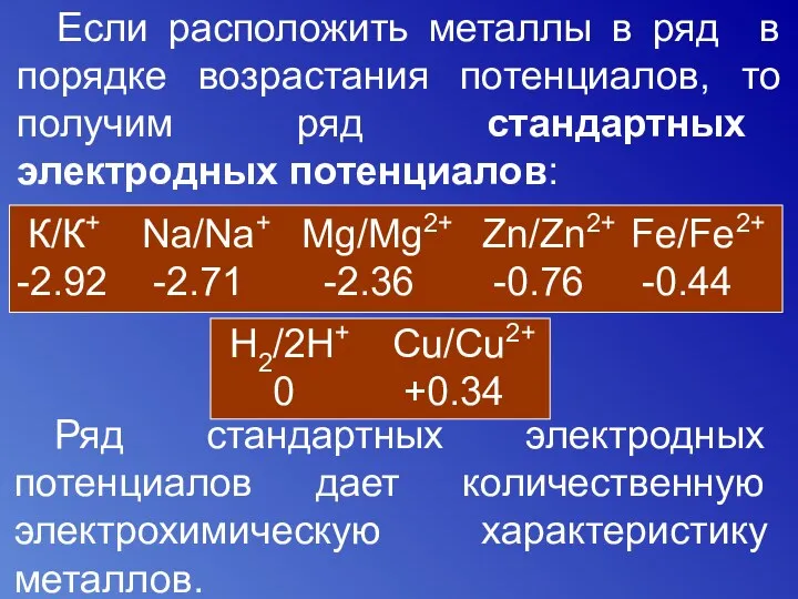 Если расположить металлы в ряд в порядке возрастания потенциалов, то