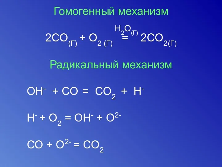 Гомогенный механизм 2СO(Г) + О2 (Г) = 2СO2(Г) Радикальный механизм