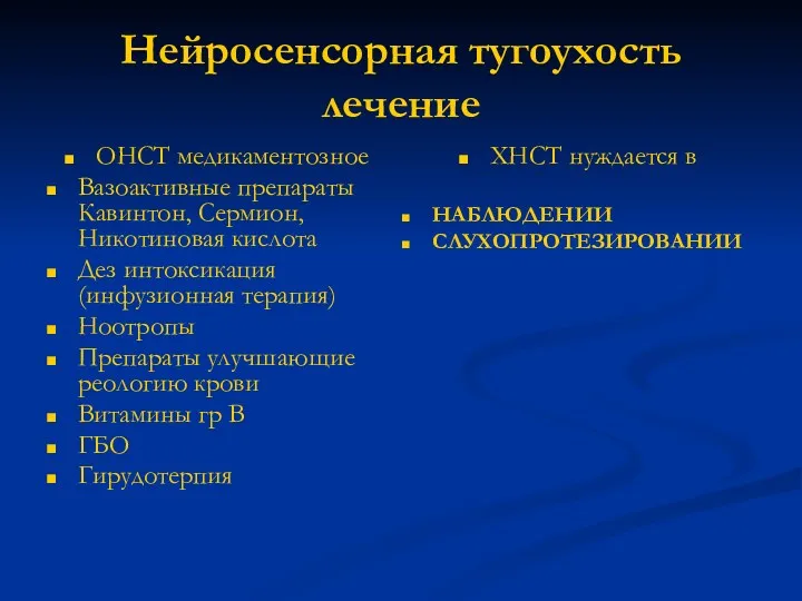 Нейросенсорная тугоухость лечение ОНСТ медикаментозное Вазоактивные препараты Кавинтон, Сермион, Никотиновая