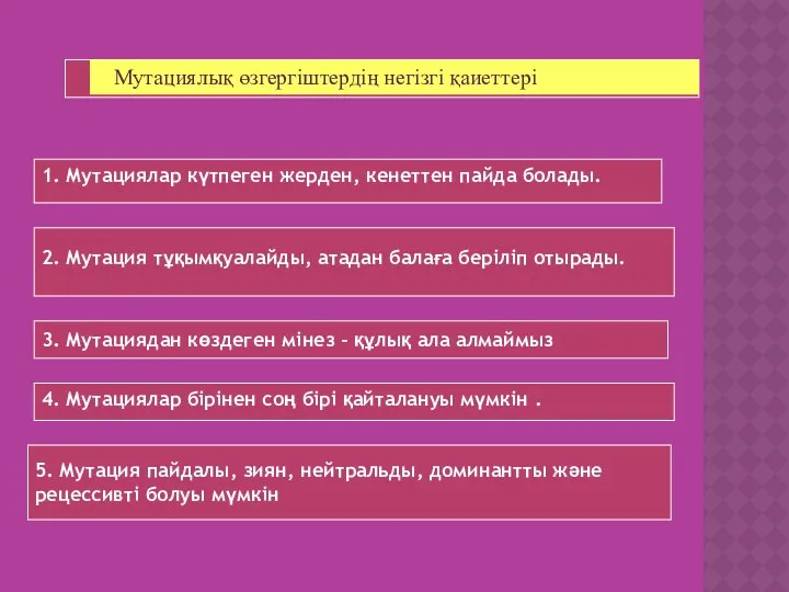 Мутациялық өзгергіштердің негізгі қаиеттері 1. Мутациялар күтпеген жерден, кенеттен пайда