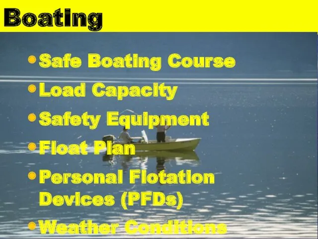 Boating Safe Boating Course Load Capacity Safety Equipment Float Plan Personal Flotation Devices (PFDs) Weather Conditions