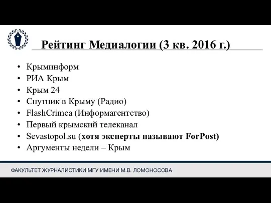 Рейтинг Медиалогии (3 кв. 2016 г.) Крыминформ РИА Крым Крым