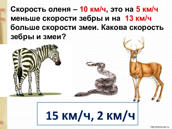 Скорость оленя – 10 км/ч, это на 5 км/ч меньше