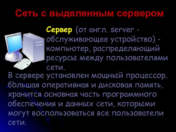 Сеть с выделенным сервером Сервер (от англ. server - обслуживающее