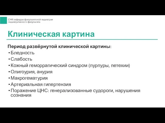 Период развёрнутой клинической картины: Бледность Слабость Кожный геморрагический синдром (пурпуры,