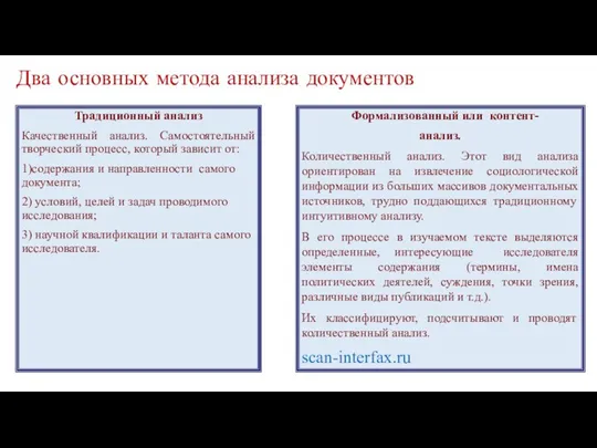 Два основных метода анализа документов Традиционный анализ Качественный анализ. Самостоятельный