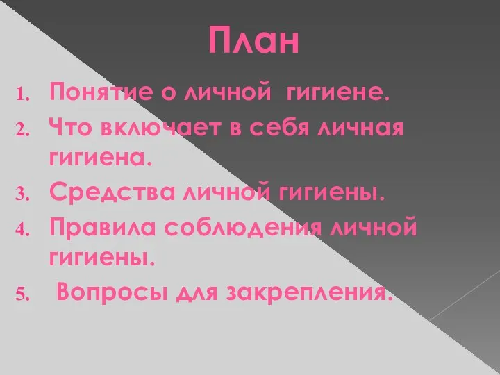 План Понятие о личной гигиене. Что включает в себя личная