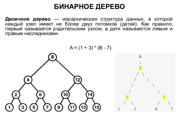 БИНАРНОЕ ДЕРЕВО Двоичное дерево — иерархическая структура данных, в которой каждый узел имеет
