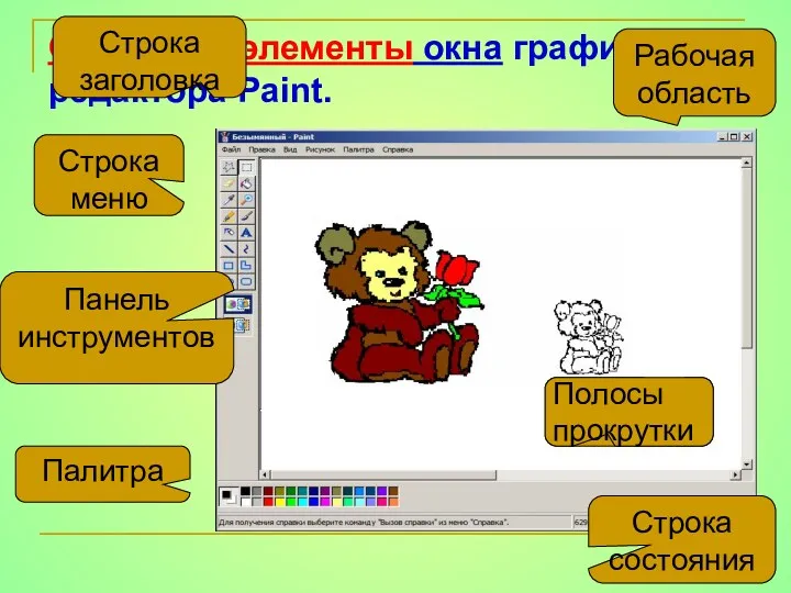 Основные элементы окна графического редактора Paint. Рабочая область Строка состояния