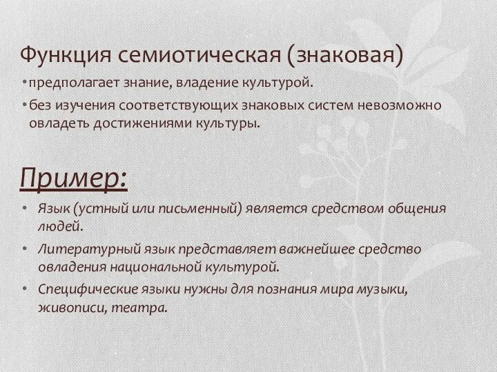 Функция семиотическая (знаковая) предполагает знание, владение культурой. без изучения соответствующих