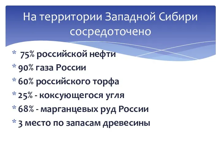 75% российской нефти 90% газа России 60% российского торфа 25%