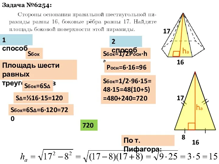 Задача №6254: Sбок=1/2Pосн·ha 16 17 ha 8 Площадь шести равных