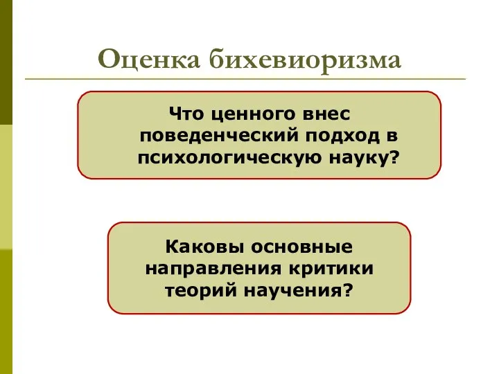 Оценка бихевиоризма Что ценного внес поведенческий подход в психологическую науку? Каковы основные направления критики теорий научения?