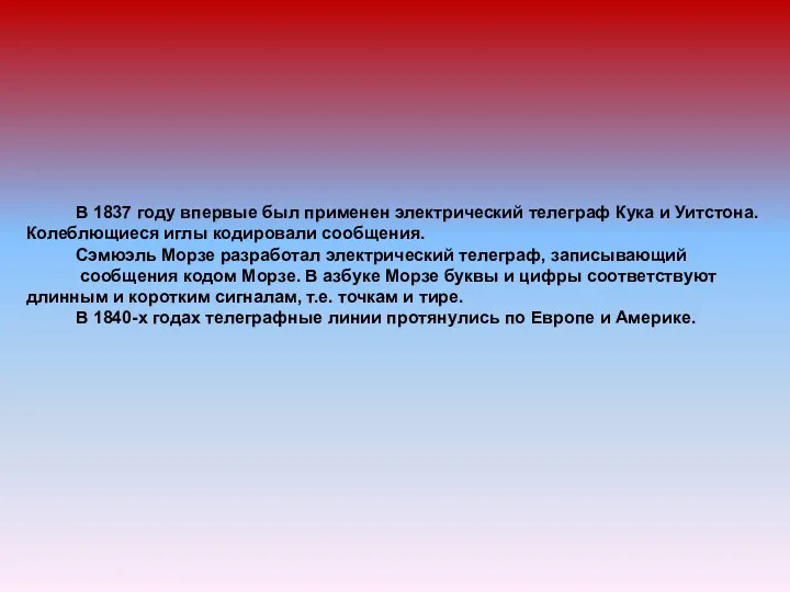 В 1837 году впервые был применен электрический телеграф Кука и