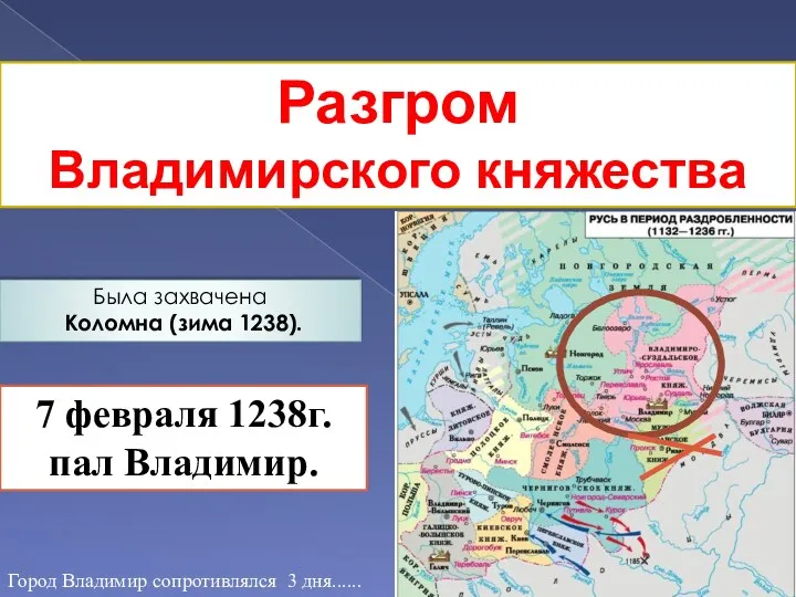 Разгром Владимирского княжества Была захвачена Коломна (зима 1238). 7 февраля
