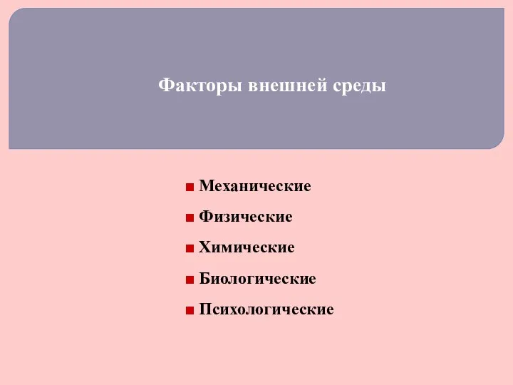 Факторы внешней среды ■ Механические ■ Физические ■ Химические ■ Биологические ■ Психологические