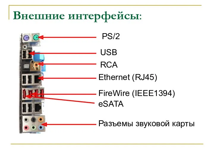 Внешние интерфейсы: PS/2 USB Ethernet (RJ45) FireWire (IEEE1394) eSATA Разъемы звуковой карты RCA