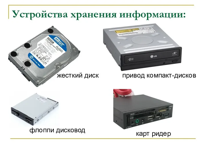 Устройства хранения информации: привод компакт-дисков карт ридер жесткий диск флоппи дисковод