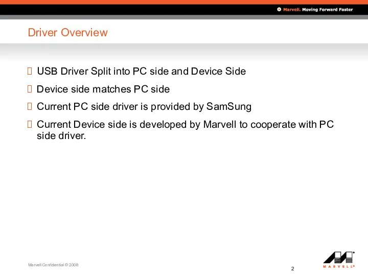 Driver Overview USB Driver Split into PC side and Device