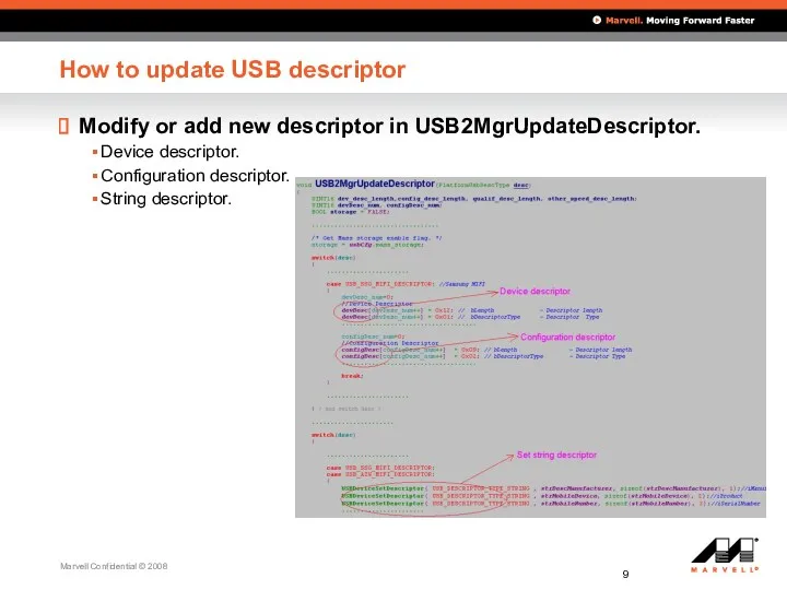 How to update USB descriptor Modify or add new descriptor in USB2MgrUpdateDescriptor. Device