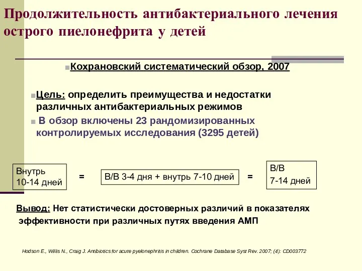 Продолжительность антибактериального лечения острого пиелонефрита у детей Кохрановский систематический обзор,