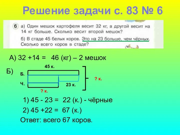 Решение задачи с. 83 № 6 А) 32 +14 = 46 (кг) –