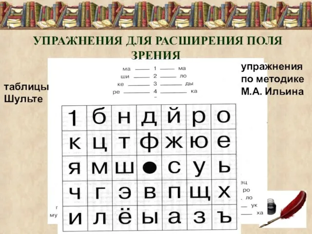 УПРАЖНЕНИЯ ДЛЯ РАСШИРЕНИЯ ПОЛЯ ЗРЕНИЯ таблицы Шульте упражнения по методике М.А. Ильина