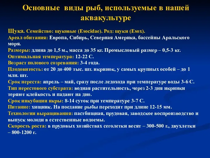 Основные виды рыб, используемые в нашей аквакультуре Щука. Семейство: щуковые