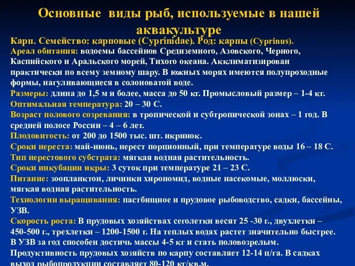 Основные виды рыб, используемые в нашей аквакультуре Карп. Семейство: карповые